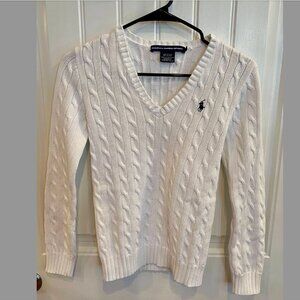 Ralph Lauren Sport Cable Knit Sweater V-Neck White Womens Sm